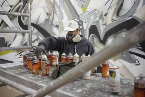 View: making of | Mirko Reisser (DAIM) | "DAIMmonomania" | Spraypaint and acrylic paint on wall | 140 m² | zone contemporaine, Bern / Switzerland | 2014 | Exhibitionview: "Mirko Reisser (DAIM) | monomania", zone contemporaine, Bern, October 10th, 2014 -