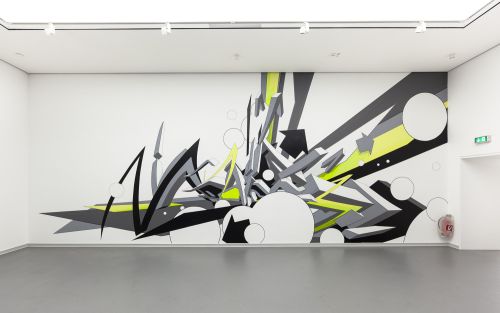 Mirko Reisser (DAIM), "DAIM - up and around", taping on wall, 1050 x 405 cm, 2011 | part | Exibition: "Street-Art - meanwhile in deepest east anglia thunderbirds were go..." | Von der Heydt Kunsthalle Barmen, Wuppertal / Germany | 2011