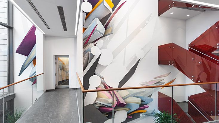 Mirko Reisser (DAIM) | ''Letter Construct from Corner to Corner'' | Spraypaint and facade paint on wall | Chemische Fabrik Dr. Weigert, Hamburg / Germany | 2020 | © Mirko Reisser (DAIM) | Courtesy: Dr. Weigert / Galerie Peter Borchardt / ReinkingProjekte