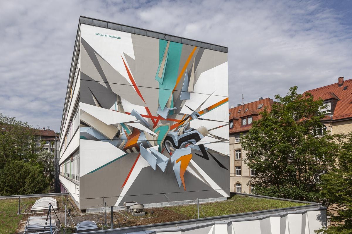 Mirko Reisser (DAIM) | "DAIM - coming out monomania" | 11,5 x 11,5 m | Spraypaint and Acrylic on concretewall | Eberhard-Ludwigs-Gymnasium, Stuttgart / Germany | 2021 | Courtesy: Wände | Walls for Kunstmuseum Stuttgart | Photo: MRpro